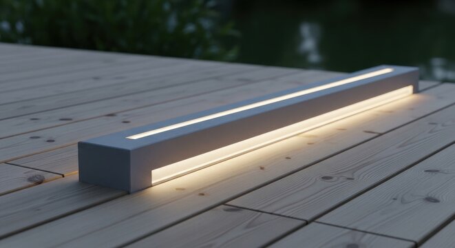 Modern minimalist concrete pathway fixture emitting warm light along a wooden deck outdoors