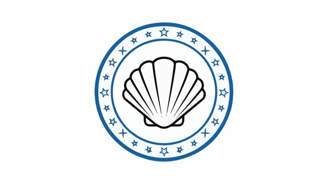 Stylized scallop shell within a blue circular border decorated with stars