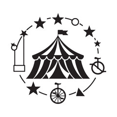 Black and white circus tent big top vector illustration with stars and unicycle icons isolated on white background © Zulfa