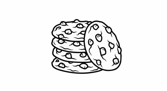 A stack of five round chocolate chip cookies, one leaning