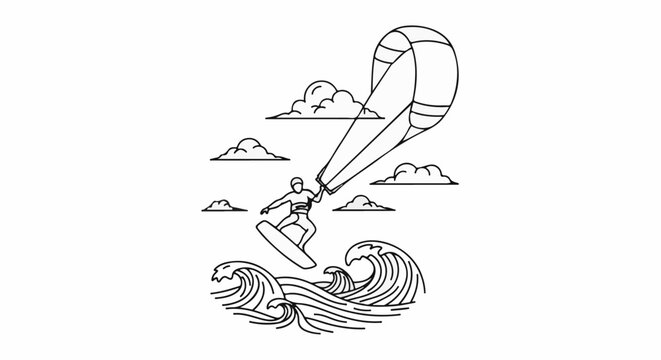Person kitesurfing on waves with clouds in the sky