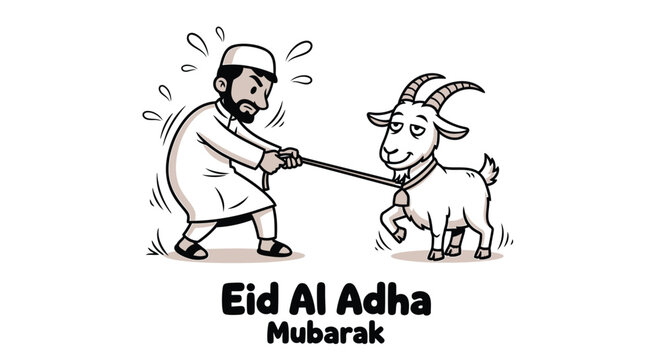 Eid Al Adha Mubarak, Islamic Holiday Greeting, Goat Sacrifice Illustration, Muslim Celebration Vector
