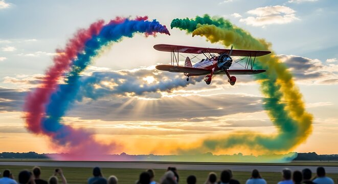 Vintage Biplane Aerobatic Stunt Performance Evening.