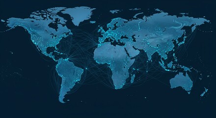 Fototapeta premium Global Connections: Digital Network Overlaying World Map with Illuminated Cities and Connecting