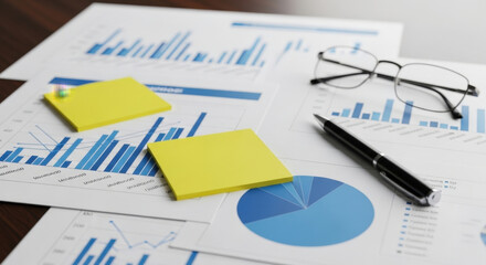 Obraz premium Financial Reports with Graphs and Charts Document Accounting and Analysis Papers with Pen and Glasses Accounting Concept