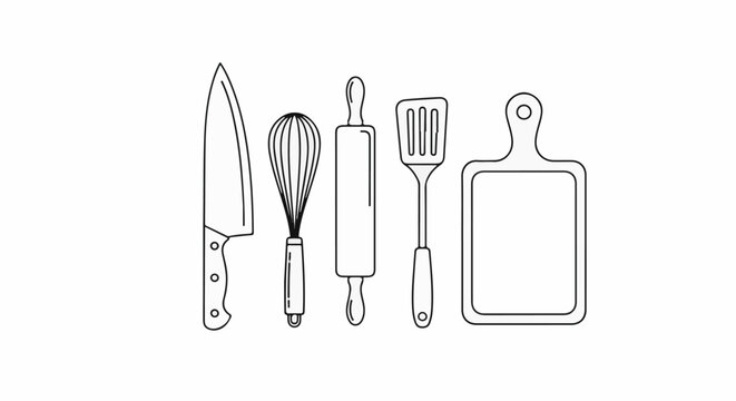 A simple outline drawing displays kitchen utensils chef's knife, whisk, rolling pin, spatula, cutting board