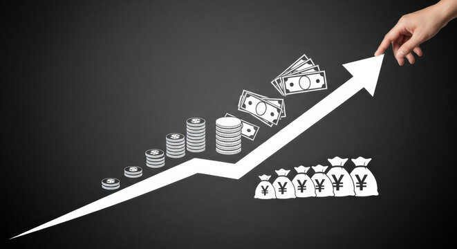 Financial success concept with diagram of money and hand pointing upward. Business growth, financial investments, profit, and investment concept.