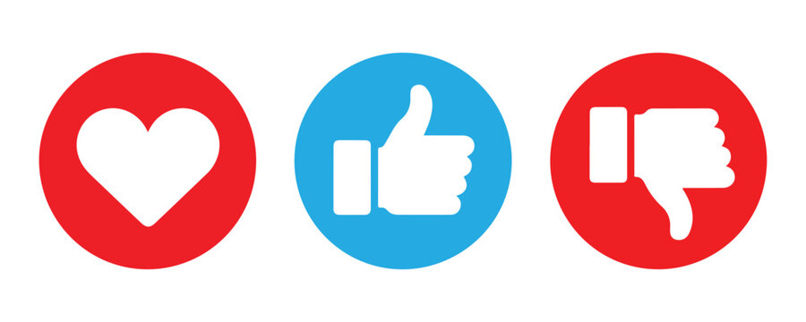 Colorful circular icons with heart like and dislike hand symbols for social media engagement and metrics.