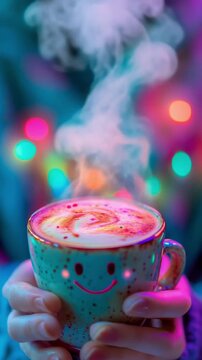 A smiling cup of coffee releases swirling steam under neon party lights. Rave energy, vertical shot