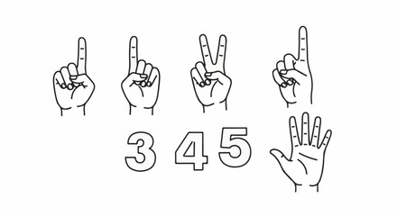 Fototapeta premium Minimalist line art of hand gestures and numbers 3, 4, and 5