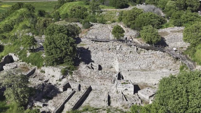 Aerial Drone View of Ancient Troy Archaeological Site in Canakkale Turkey UNESCO World Heritage Site