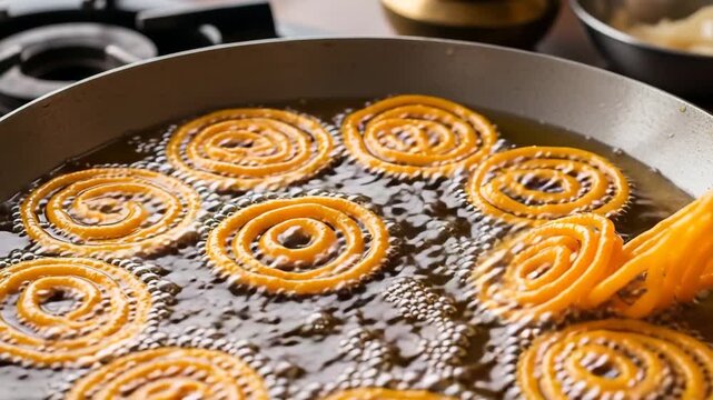 Close up of delicious jalebis frying in oil