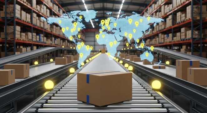Global logistics and supply chain management concept with world map, conveyor belts, and cardboard