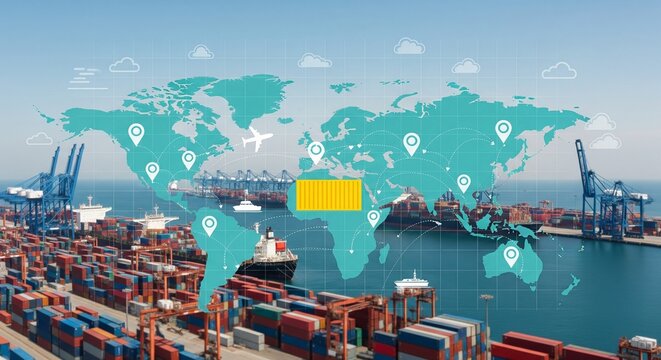 Global logistics and supply chain management, shipping containers and cargo ships in a busy port