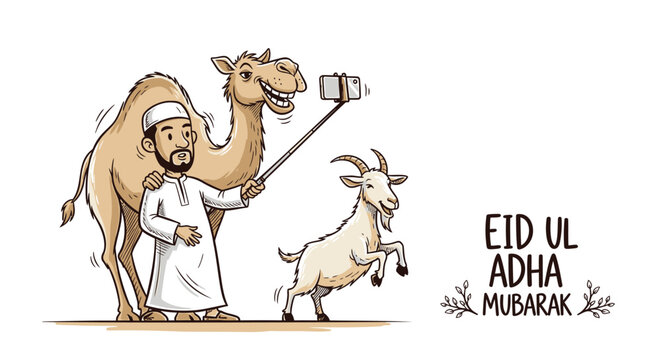 Eid Ul Adha Mubarak, Muslim Man with Camel and Goat, Vector Illustration, Islamic Holiday Greeting