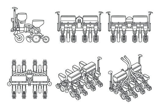 Detailed black vector outline agricultural planters. Various farm seeders for modern sowing projects.