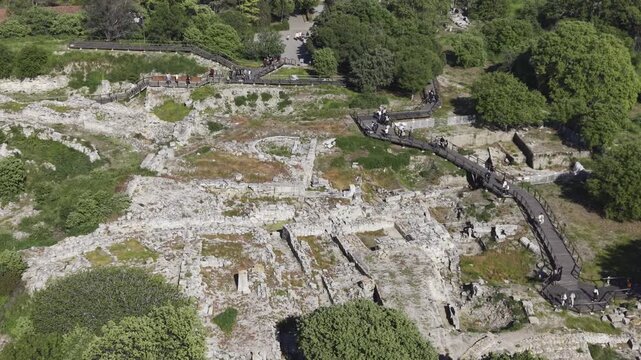 Aerial Drone View of Ancient Troy Archaeological Site in Canakkale Turkey UNESCO World Heritage Site