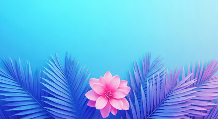 Obraz premium Floral Composition Background with Exotic Pink Flower Surrounded by Palm Leaves Tropical Design Spring Summer Theme Backdrop Wallpaper