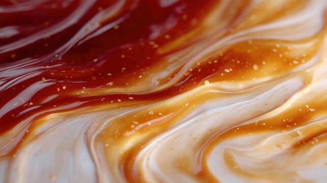 Close-up of a liquid substance, which appears to be a type of sauce or condiment. the liquid has a smooth and creamy texture, with a mix of red and orange colors.