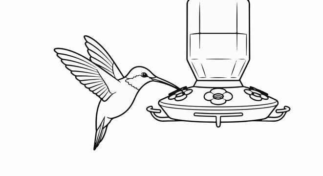Line drawing of a hummingbird feeding from a nectar dispenser