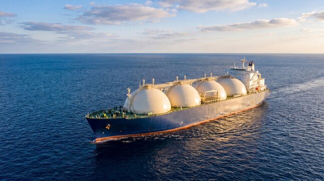 LNG carrier ship with spherical tanks sailing on open ocean at sunset. Maritime liquefied natural gas transportation and global energy supply