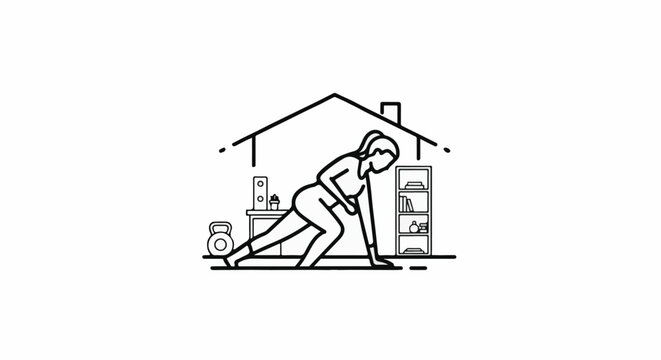 Line art of a person exercising indoors, with weights and shelves visible