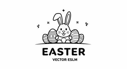 Obraz premium Cheerful bunny surrounded by decorated Easter eggs and small floral elements