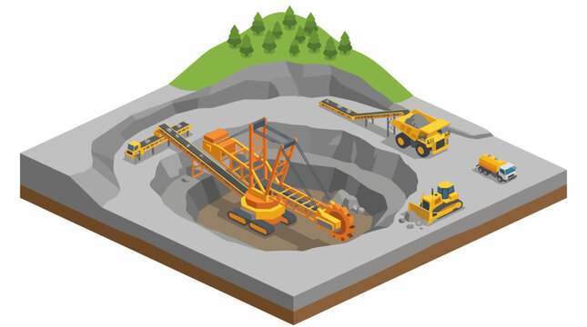 This detailed illustration showcases a modern mining operation with massive machinery, providing an overview of extraction activities in a well-structured quarry landscape.