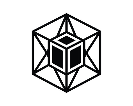Black Tesseract hypercube vector art with geometric lines and solid inner cube design.