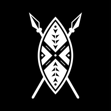 African shield and spears icon isolated on black background