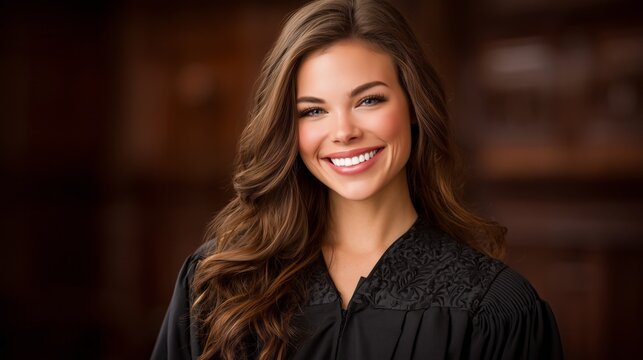 A young female judge stands confidently in her courtroom, wearing a dark robe. Her warm smile radiates approachability and professionalism in a dignified setting