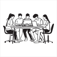 Fototapeta premium diverse students collaborating on laptops in modern study session illustration silhouette vector