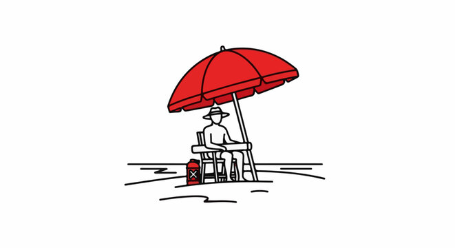 Minimalist drawing of a lifeguard under a red umbrella with a hazard symbol
