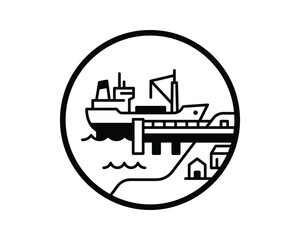 Obraz premium Seaport map symbol line art icon with a ship docked at a pier and coastal buildings.