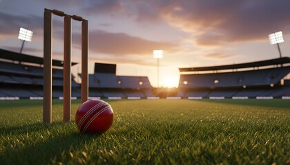 Naklejka premium Close-up of a red leather ball and wickets on a green pitch for a cricket match in stadium sunset, representing sports competition and achievement concept with cinematic lighting