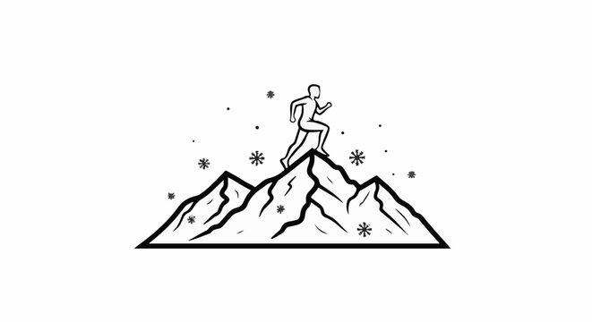 Person running atop snowy mountains with snowflakes falling