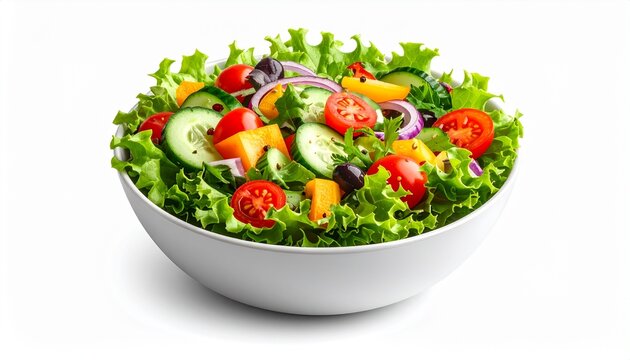 Fresh vegetable salad bowl with vibrant ingredients, isolated on pure white background, realistic food photography