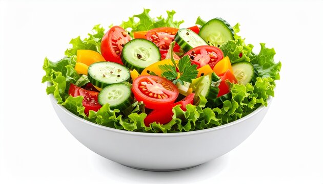 Fresh vegetable salad bowl with vibrant ingredients, isolated on pure white background, realistic food photography
