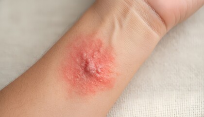 Fototapeta premium Close up view of an itchy rash on forearm showing severe red skin inflammation and bumpy irritation for medical dermatology and allergy diagnosis concept