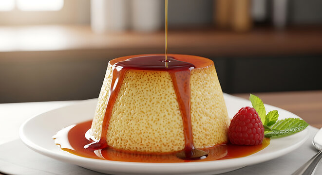 delicious caramel flan dessert with raspberry garnish on transparent background high quality