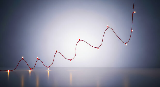Red string lights forming wavy line on reflective surface