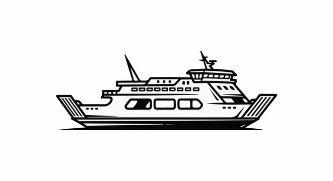 Stylized graphic of a ferryboat, viewed from the side, on a white background