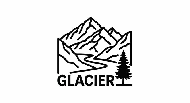 Stylized mountain range with winding river, pine tree, and bold text