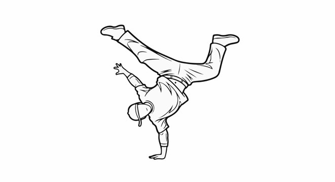 A stylized drawing of a person performing a breakdancing freeze on one hand