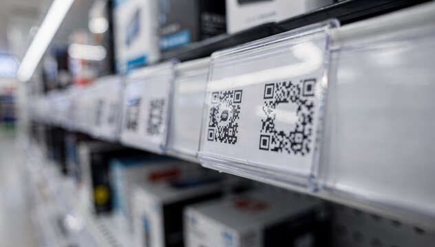 Shot of electronics aisle shelfedge labels showing warranty info and QR codes in sharp focus while the devices and packaging remain out of focus.