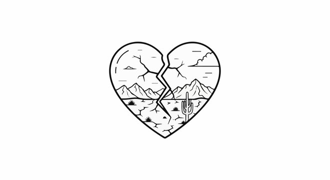 Cracked heart outline filled with a desert landscape and mountains