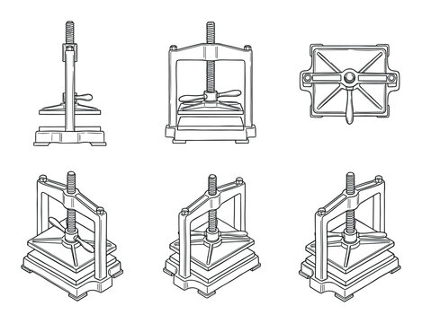 Line art drawings of a classic book press shown from multiple orthographic and isometric views.