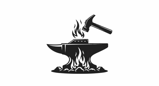 A blacksmith's anvil with a hammer striking hot metal amidst flames