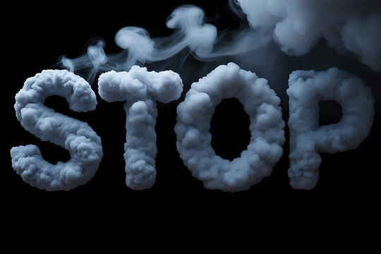 Smoke forms stop sign in dark air with foggy letters floating
