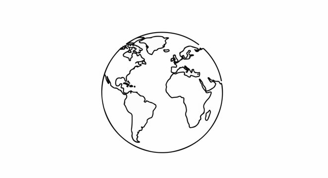 A minimalist line drawing of the planet Earth, showing continents